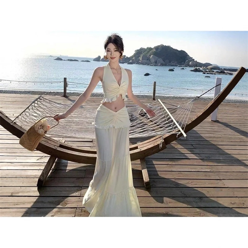 Seaside Knotted Tank Dress Set High Waist Midi Skirt Beach Vacation For Women Summer Resort Beach Party Chic Ocean Vibes