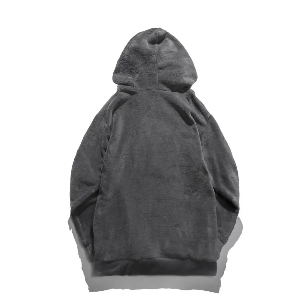 Cuffed Hoodie Men's Thick Plush Hoodie with Drawstring Solid Color Long Sleeves Loose Fit Casual Sport Top for Fall Winter Wear