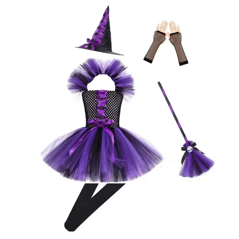 Sky01 أزياء الهالوين الساحرة التأثيرية للأطفال البنات بأكمام منتفخة من التل توتو فستان مكنسة الساحرة قبعة طماق فساتين فاخرة foSd01$