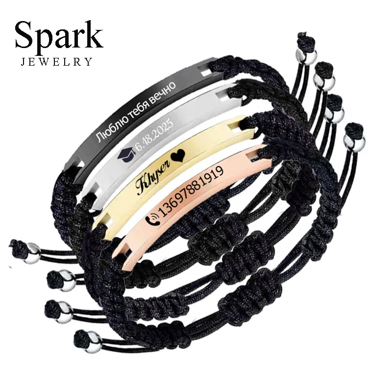 

Spark Personalized Name Date Geometric Adjustable Rope Chain Stainless Steel Custom Bracelets for Women Men Children Gift