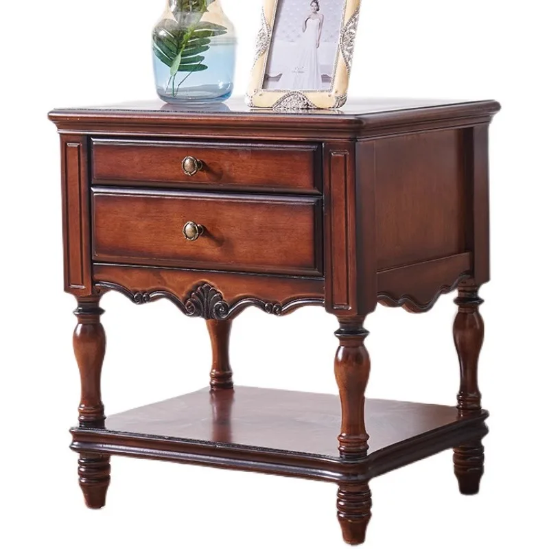 

American solid wood bedside table, rural retro shelf, simple engraving