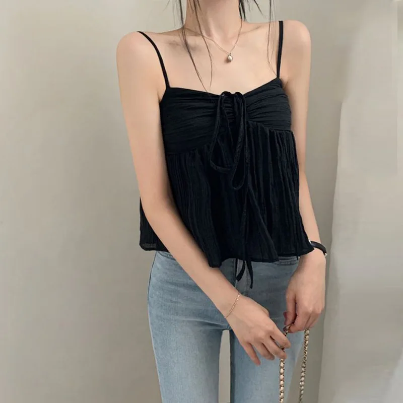 Crop Camis Pleated Bow Drawstring Sleeveless Solid Tops Summer New Sweet Girls Streetwear Elegant Off Shoulder Korean Trendy