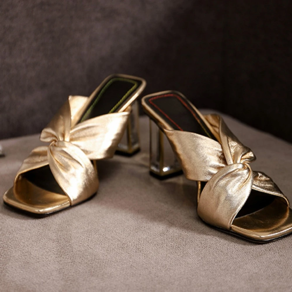 Cross Strap High Heels Slippers Summer Luxury Golden Square Toe Shoes for Women Women Clear Heel Slides