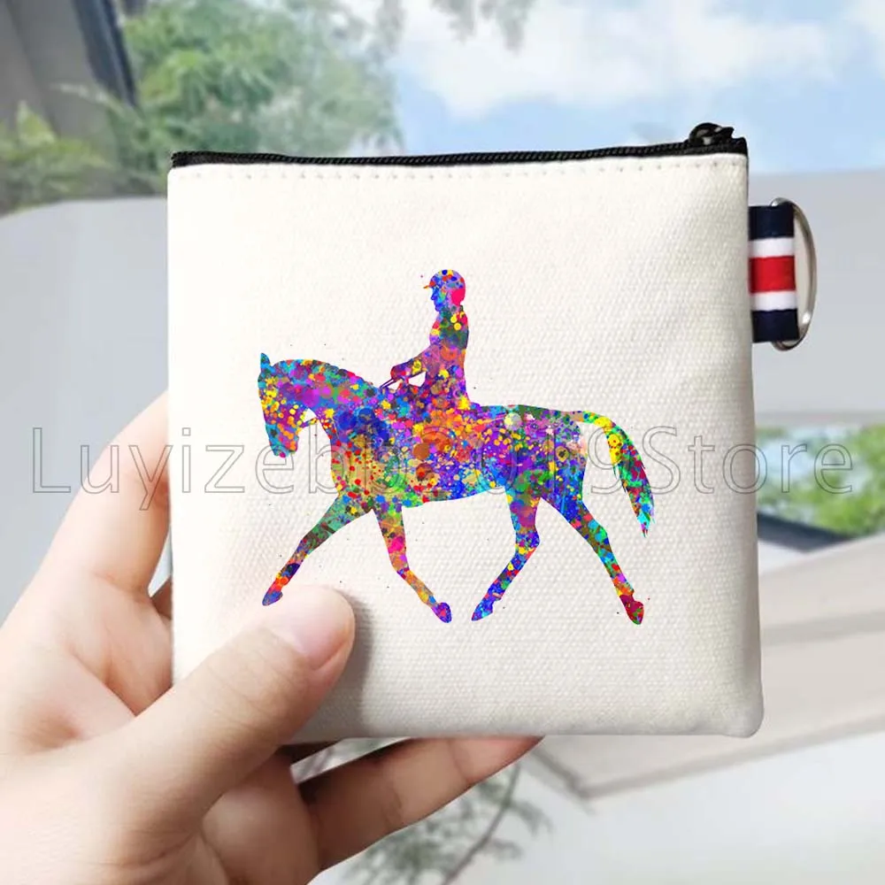 Equestrian Barrel Racing Rider Horse Vaulting Riding Polo Player Canvas Coin Purse Bag Square Key Storage Card Bag Wallet Pouch