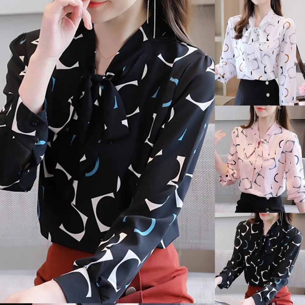 Long Sleeve Women Pullover Top Blouse Buttons Digital Print Cuff Necktie Bowknot Women's Clothing chemise femme рубашка женская