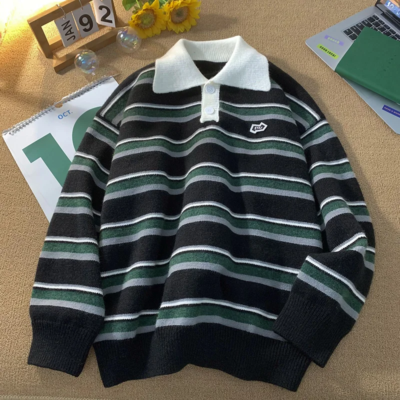 

Japanese Style Preppy Striped Polo Neck Sweater Men Autumn Winter New Casual Pullovers Loose Vintage Cashmere Knit Wear Trend