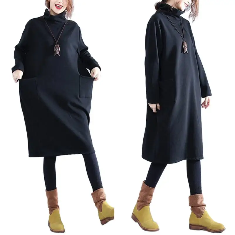 

Women Black Midi Dress Autumn Winter Cotton Warm Turtleneck Sweatshirts Long Sleeve Pullovers Fashion Clothing 2024 Vestidos