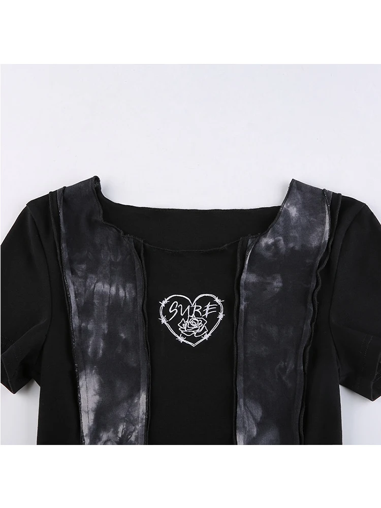 Y2K Gothic Harajuku Dark E-girl Punk Style Spring Patchwork T-shirt Tie Dye Crop Tops Hip Hop Women Long Sleeve Tee Streetwear