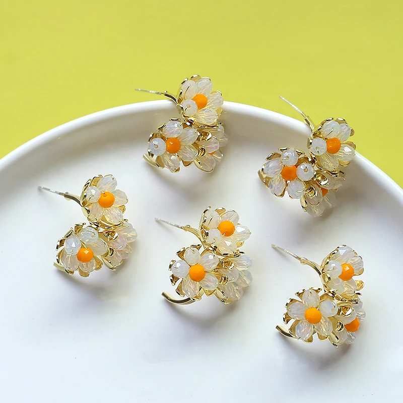 2pcs Copper-clad Gold Color Crystal Flower Temperament Gentle Ear Hook Diy Handmade Jewelry Earrings 925 Silver Needle Ear Pin