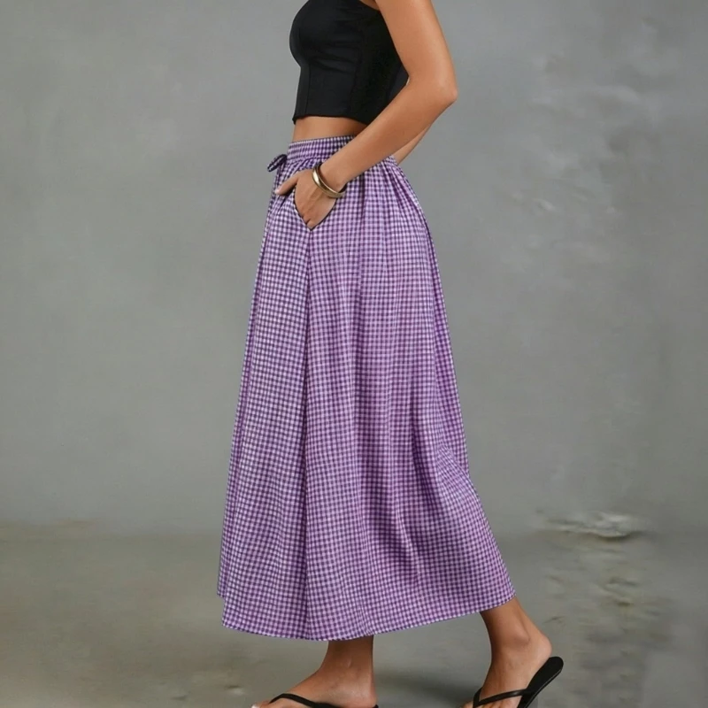 50LE Skirts for Women Flowy High Skirt Beach Trendy Drawstring Gingham Skirt with Pocket