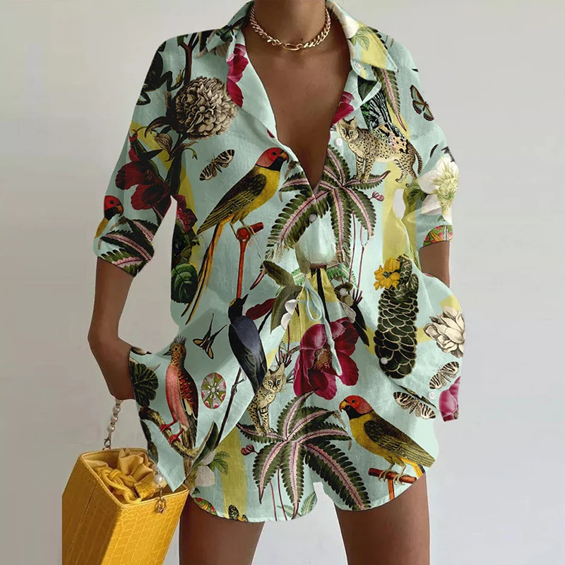 Summer Vacation Print Casual Two-piece Set Women Spring Lapel Buttons Shirt & Lace-up Shorts Outfit Female 3/4 Sleeve Loose Suit