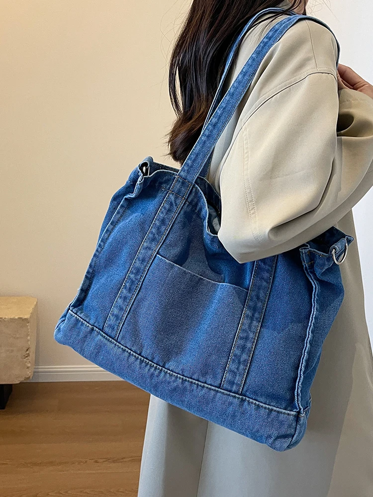 Large Capacity Denim Blue Women\'s Shoulder Bag Solid Color Female Tote Crossbody Bag Shopping Bags Retro College Girls Handbags