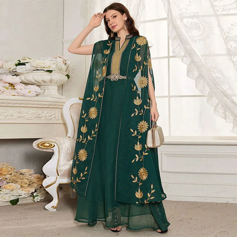 KY1032 Muslim Robe Two Piece Set with Belt Dubai Gorgeous Elegant Cardigan Dress