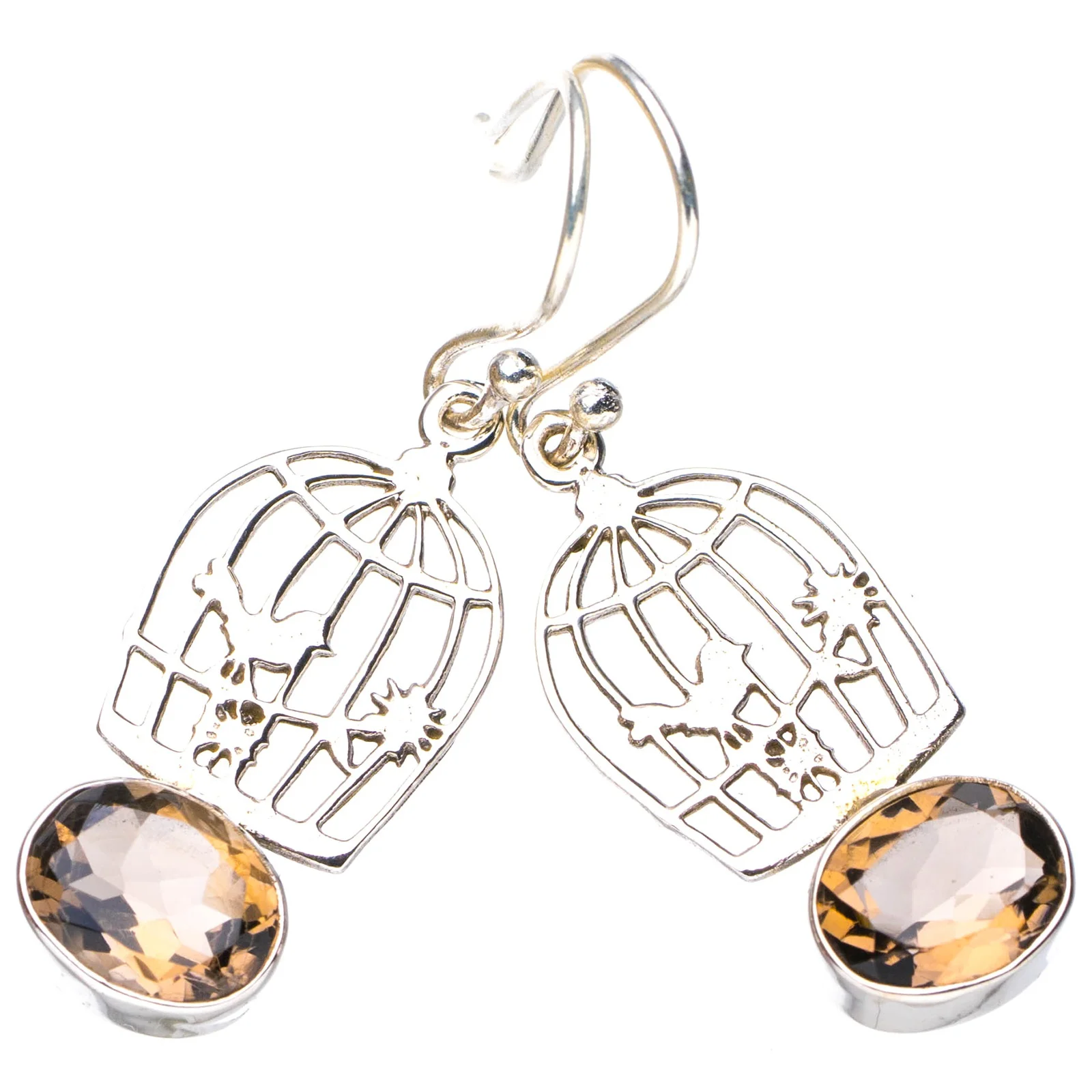 StarGems Natural Smoky Quartz Bird Cage Handmade 925 Sterling Silver Earrings 1.75