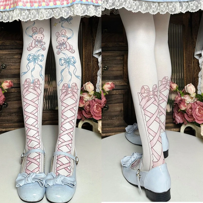 

Original Sweet and Cute Style Solid Color Strap Bow Print Multi-color 60D Velvet Spring and Summer Womens Jumpsuit Stockings