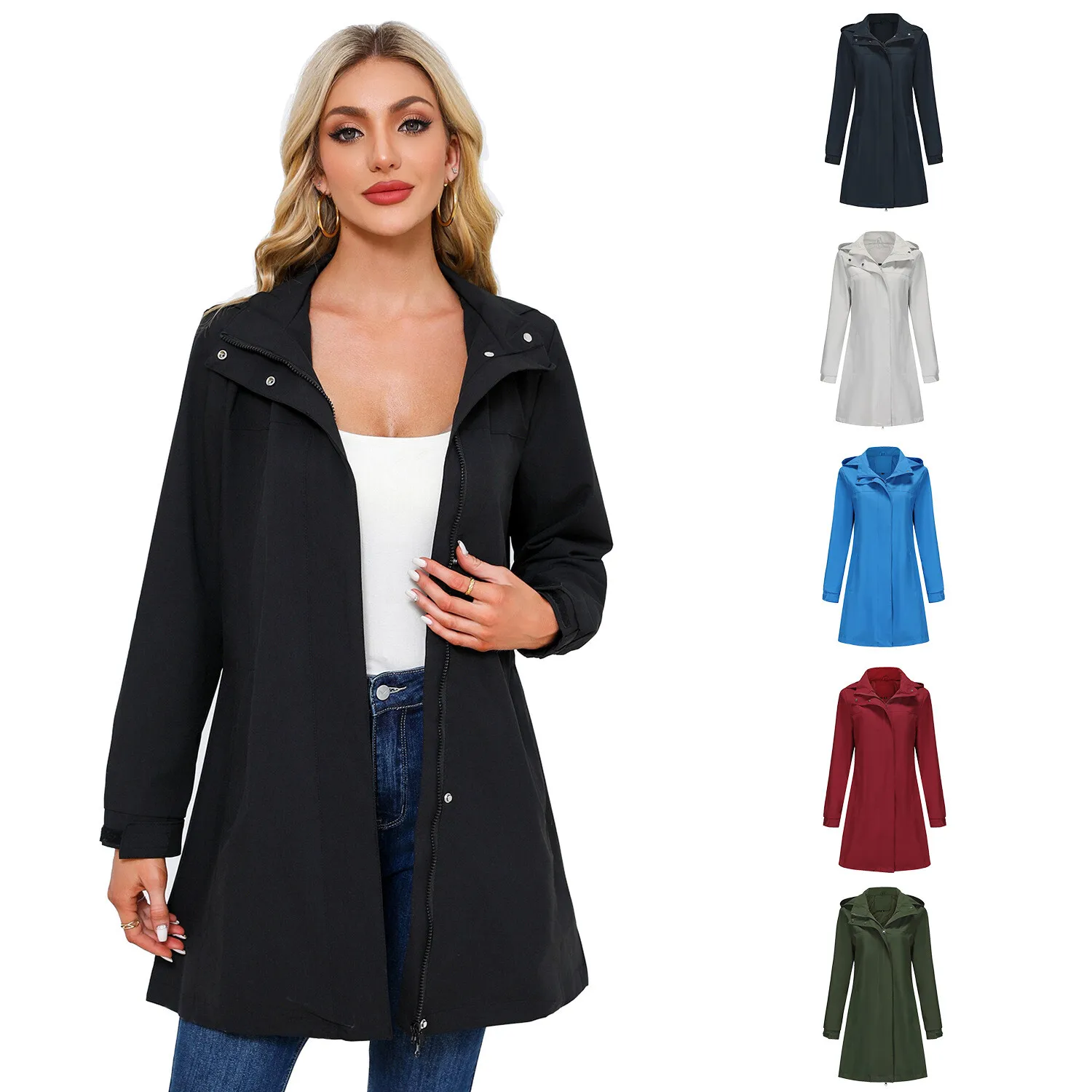 

2025 New Spring Autumn Detachable Hat Water-Resistant Trench Coat For Women Solid Color Long Sleeve Thin Jacket European And