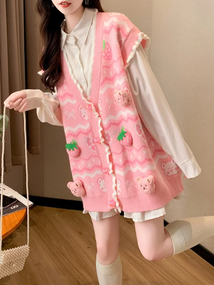 

Sweet Sle Knitted Cardigan Jaet Age-Defng Embroidery Layering Decor Vest Early Autumn New Arrival Japanese Sle Girls