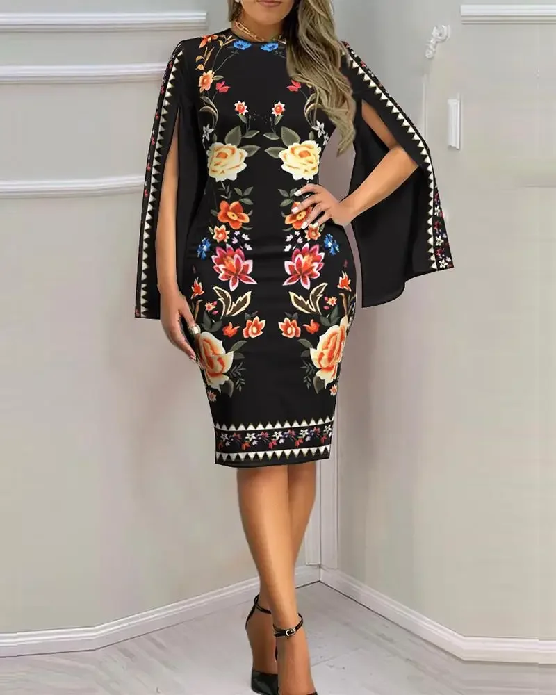 Damenkleid mit V-Ausschnitt, ausgestellten Ärmeln und geometrischem Golddruck, figurbetontes Midikleid, elegantes, schmales Outfit für Teepartys und formelle Anlässe – Detail 13