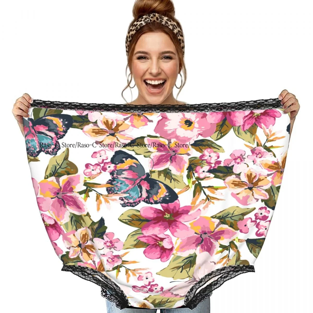 Funny Grandma Underwear Butterfly With Floral Seamless Pattern On Blue Background Casual Prank Presents