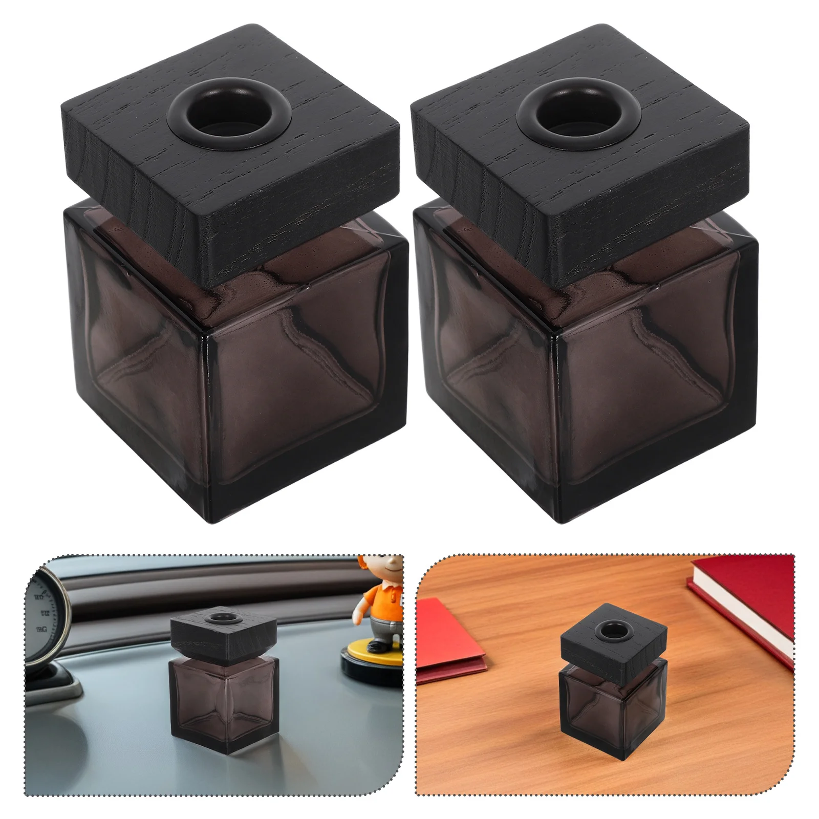 

2Pcs Glass Aromatherapy Diffuser Bottle 100Ml Square Design with Wooden Cap for Bedroom Hotel Room Scent Diffuser Jar