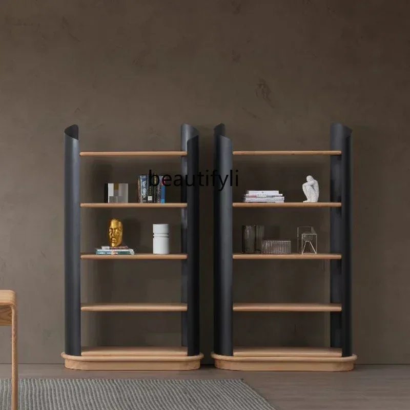 03.Italian light luxury solid wood bookshelf floor-to-ceiling multi-layer oak bogu storage simple stainless steel bookcase