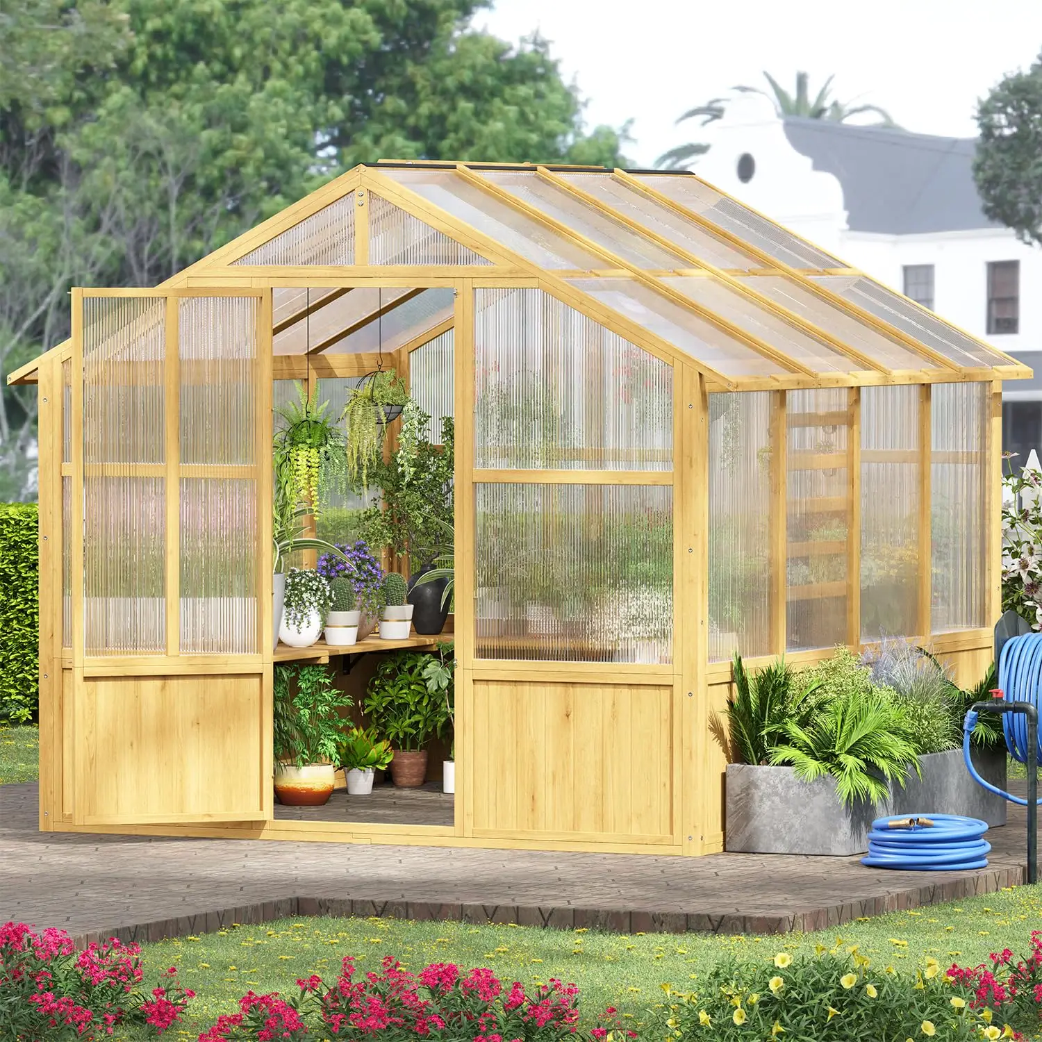 

8 x 8 FT Outdoor Wooden Greenhouse, Walk-in Heavy Duty Greenhouse, Cedar Frame with 6MM Thick Polycarbonate Panel and, Custom