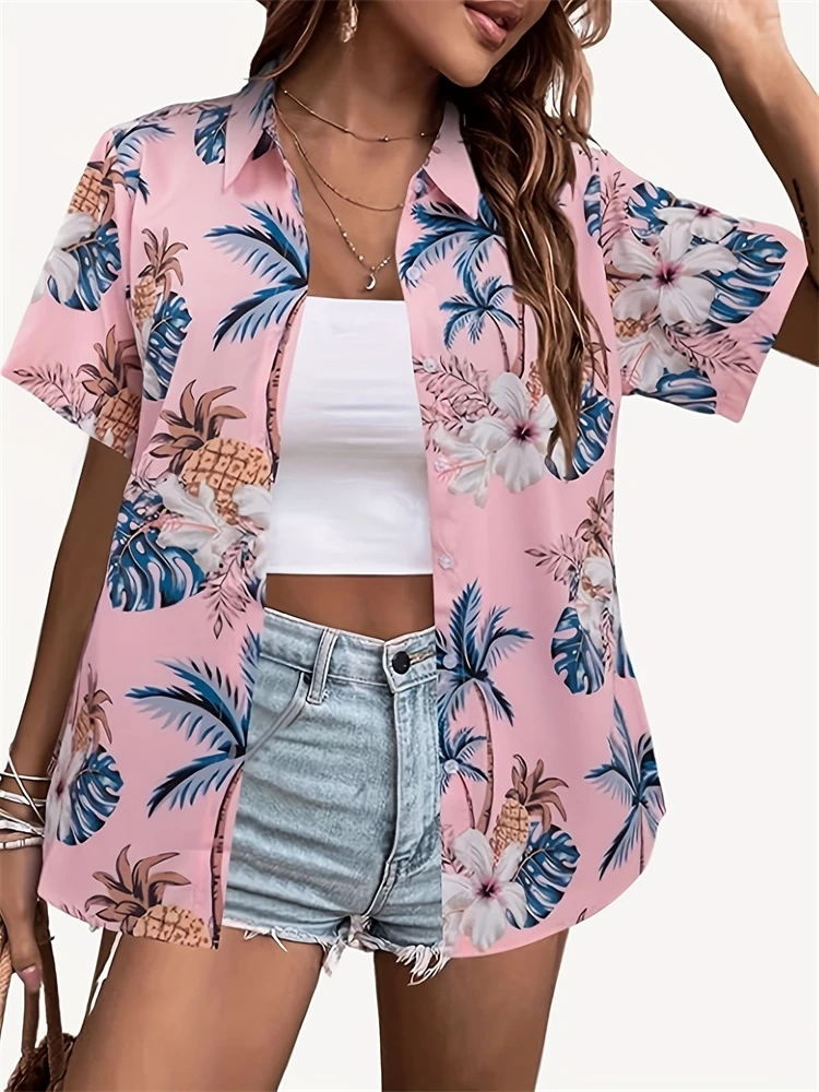 Damesshirt met korte mouwen in Hawaiiaanse stijl, modeprint, nieuwe damesvakantieshort, strandoverhemd, revers, damestop met knopen