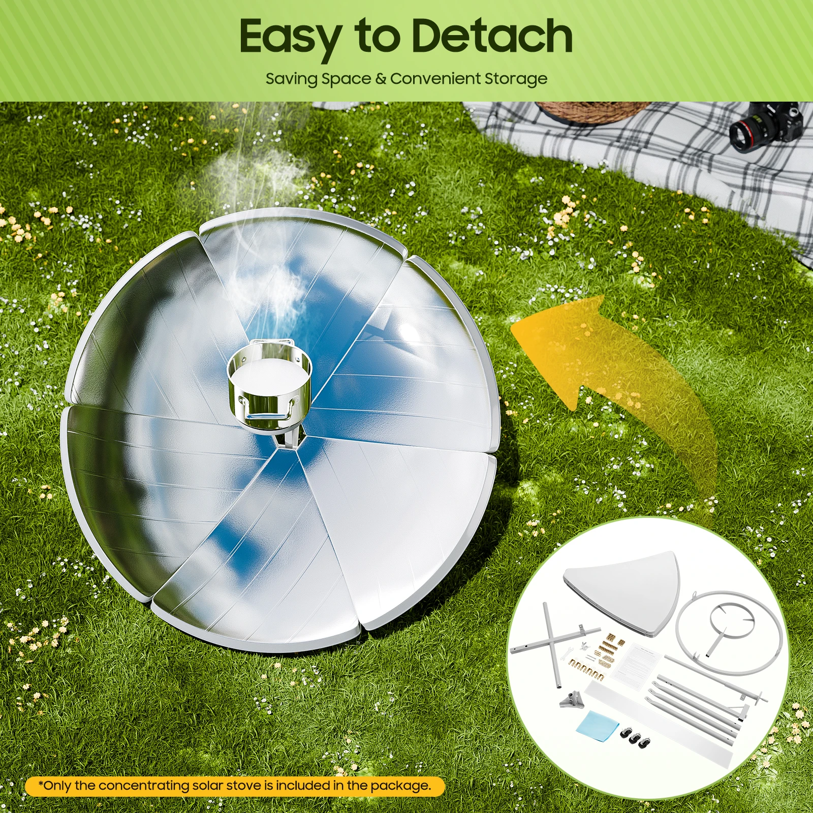 

1800W Portable Solar Cooker, 1.5m/ 59'' Diameter Camping Outdoor Solar Cooker 33.06 Pounds Load for Iron/ Aluminum Cookware