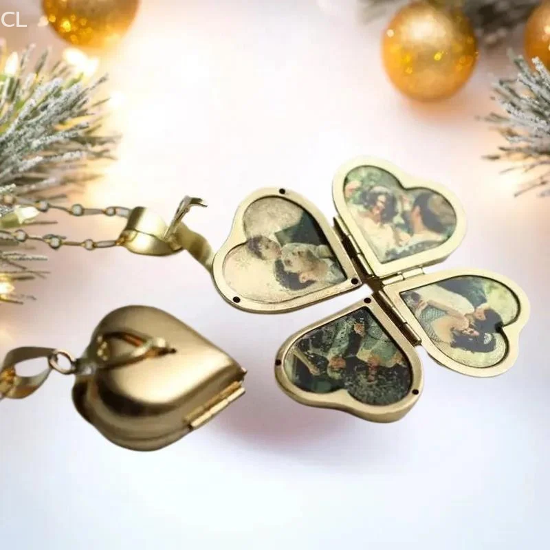 Vintage Necklace Folding Multi-layer Heart Family Locket Personalised Photos Four-leaf Clover Pendant Fashion Jewelry