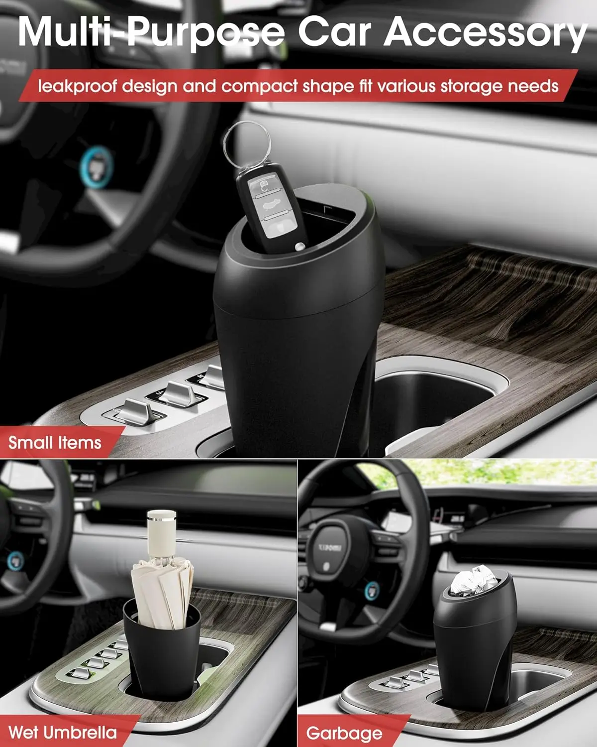 سلة مهملات السيارة - عبوتان، غطاء إغلاق تلقائي، سلة قمامة سهلة التنظيف مع أكياس للاستعمال مرة واحدة، أسود، 3.5 × 7.7 بوصة #4