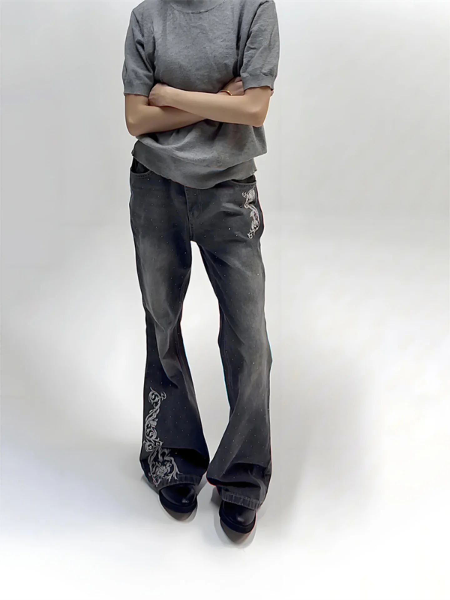 Y2K Retro Washed Embroidered Flared Denim Jeans Men's Slimming Wide Leg Long Pants Youth Trendy Casual Straight Tube Trousers