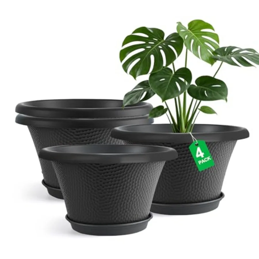 

12 Inch Pots for Plants, 4 Pack Large Flower Pots with Drainage Hole and Saucer, Modern Planters for Indoor Outdoor Plants, Dec