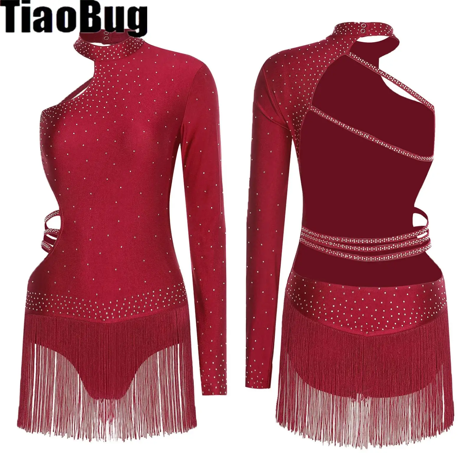 

Womens Latin Dance Glittery Bodysuit Single Long Sleeve Strappy Backless Tassel Waist Crotch Leotard Jumpsuit for Chacha Tango
