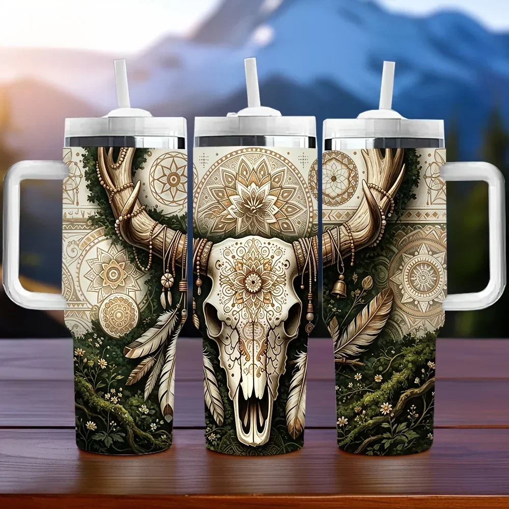 40oz Long Lasting Insulated Tumbler with Handle, Boho Style Cow Skull Print, Perfect As Holiday And Birthday Gift, Suitable for Daily Use, Outdoor Travel And Camping Activities