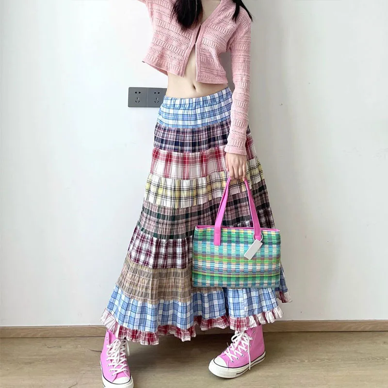 

Ethnic Style Plaid Pattern Patchwork Half Length Skirt Women Summer Vintage Contrasting Colors Loose Office Lady All-match Skirt