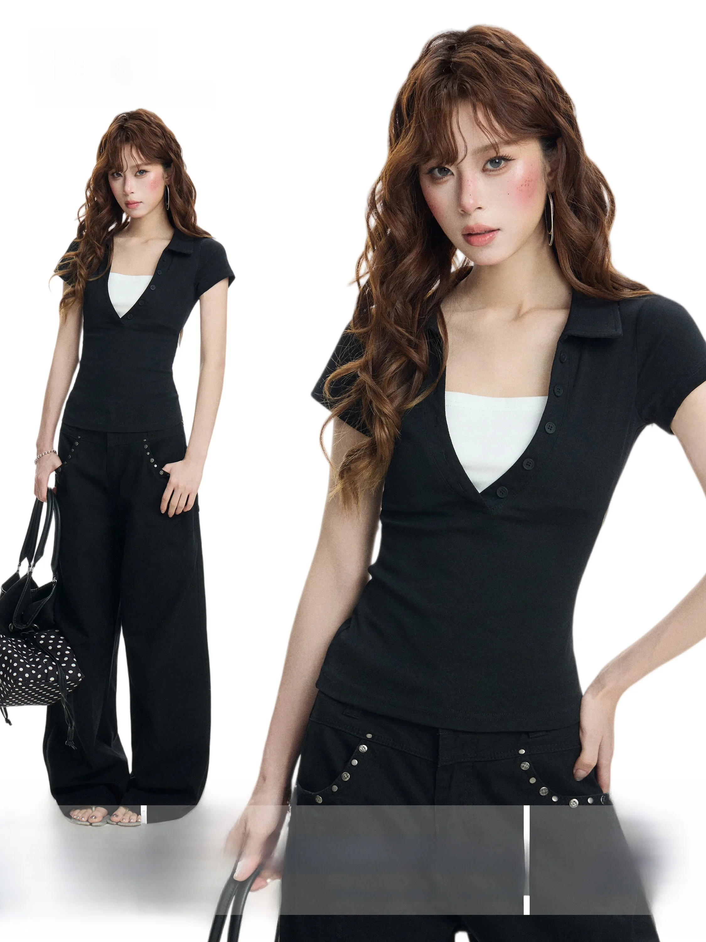 Black V-Neck  Shirt Fake Two-Piece Short Sleeve Women's Summer Fashion Slim Fit Top Korean Style Commute Wind Universal Size