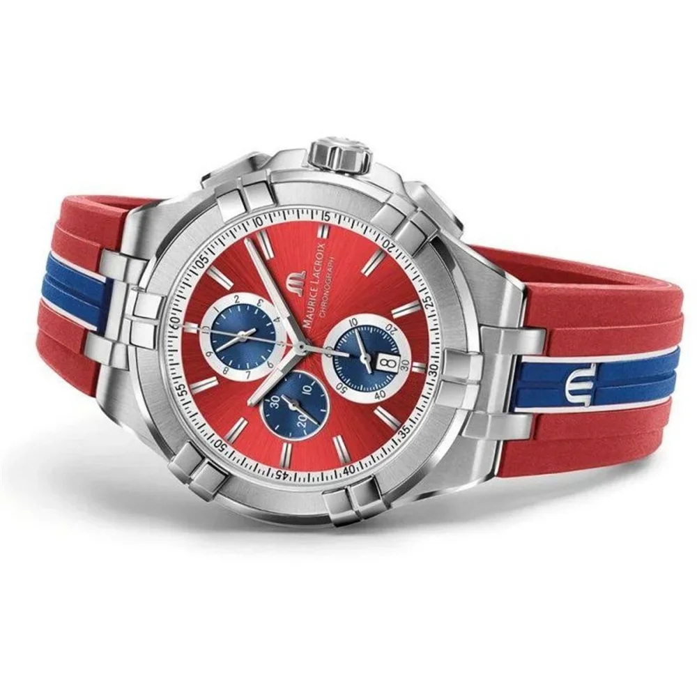 Maurice Lacroix Aikon Quartz Chronograph Special Edition Vikings 43MM Red Dial Red Rubber Strap Men Sport Wrist Watch Orologio