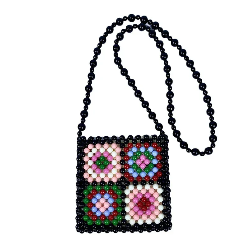 Handmade  Beaded Bag Vintage Colored Lattice Square Crossbody Bag Black Small Bead Shoulder Bag Women Woven Purse New Bolsos