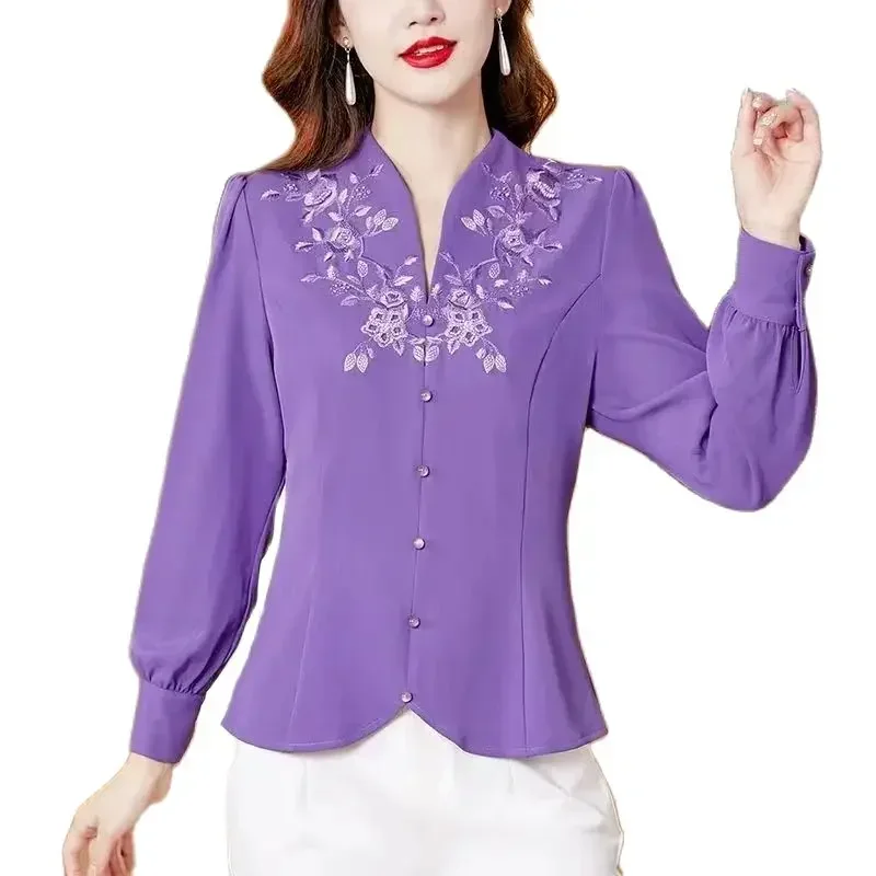 2025 New Design Sense Spring And Summer Purple Shirt Female Long Sleeve Noble Fashionable Middle-Aged Lady Embroidered Blouse