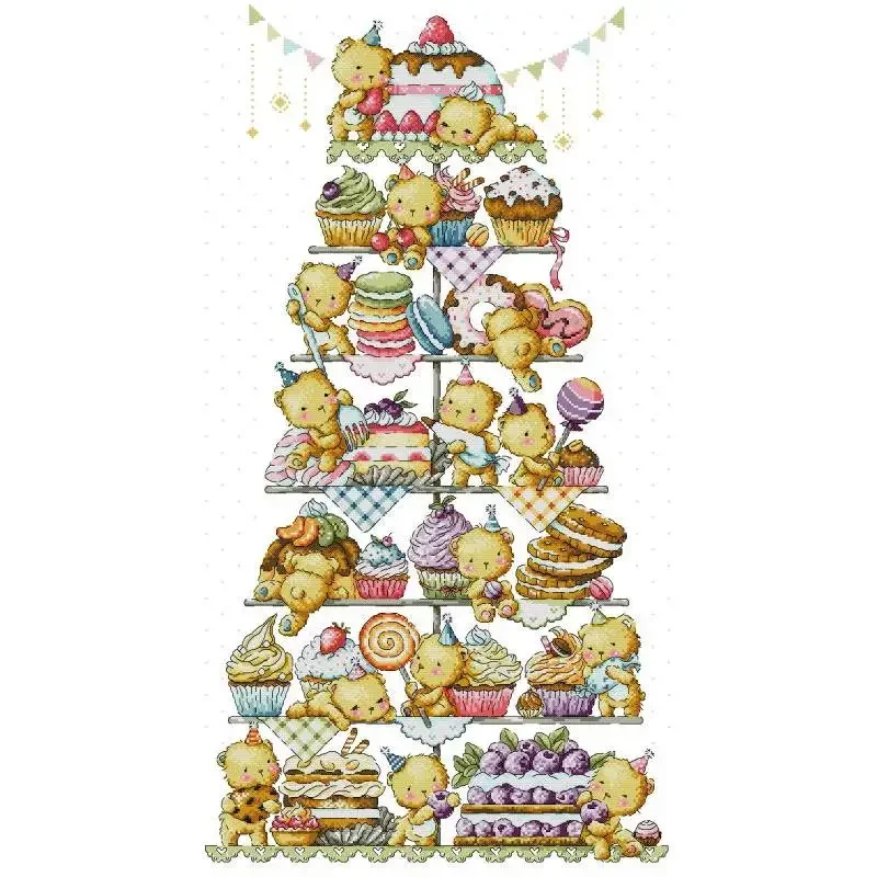 

Sweet Cake Bear Count Cross Stitch Kit DIY Cartoon Embroidery Aida 14CT 16CT 11CT Canvas Fabric Sewing Kit DYI Home Decor Gifts