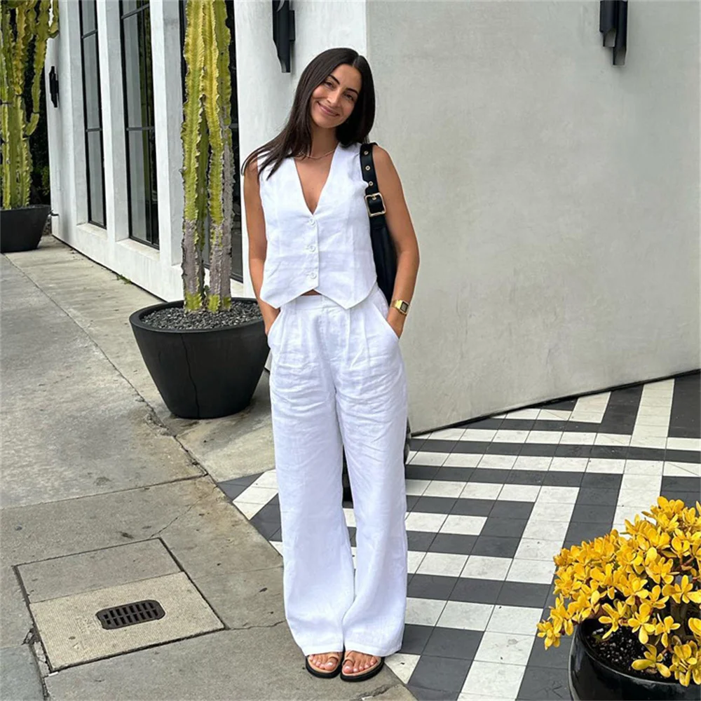 White Cotton Linen Vest Pant Sets Sleeveless Button V-neck Waistcoat 2 Pieces Set 2023 Womens Elegant Top Shorts Suits