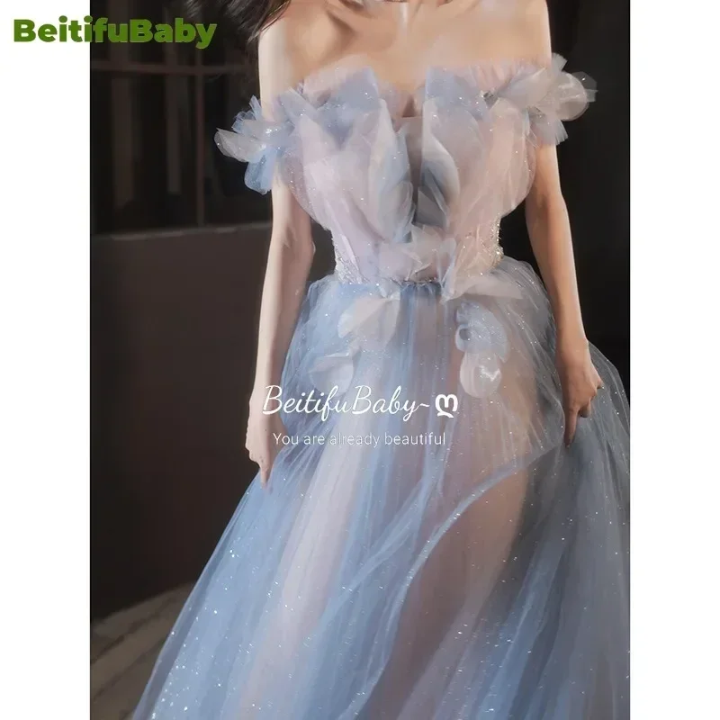 BeitifuBaby Women's Evening Dress One Shoulder Colored Gauze Off The Shoulder Starry Sky Gradient Fairy A-line Party Dresses