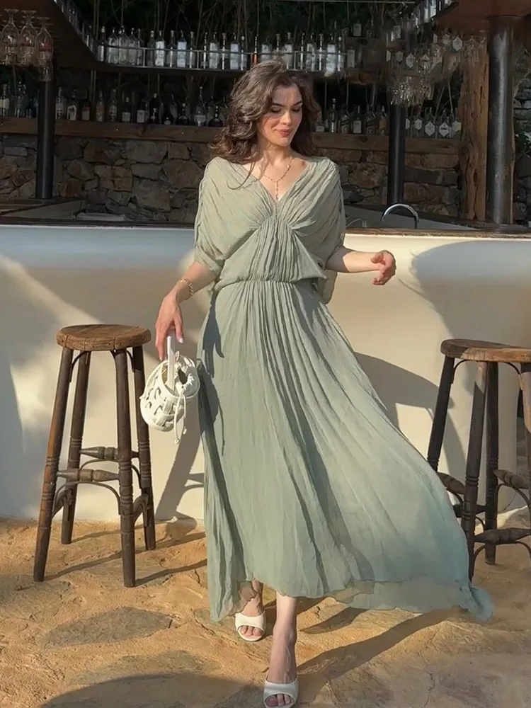 HH-vestido medio de manga corta con decoración plisada y cuello en V para mujer, vestido largo Sexy liso con espalda descubierta informal para mujer