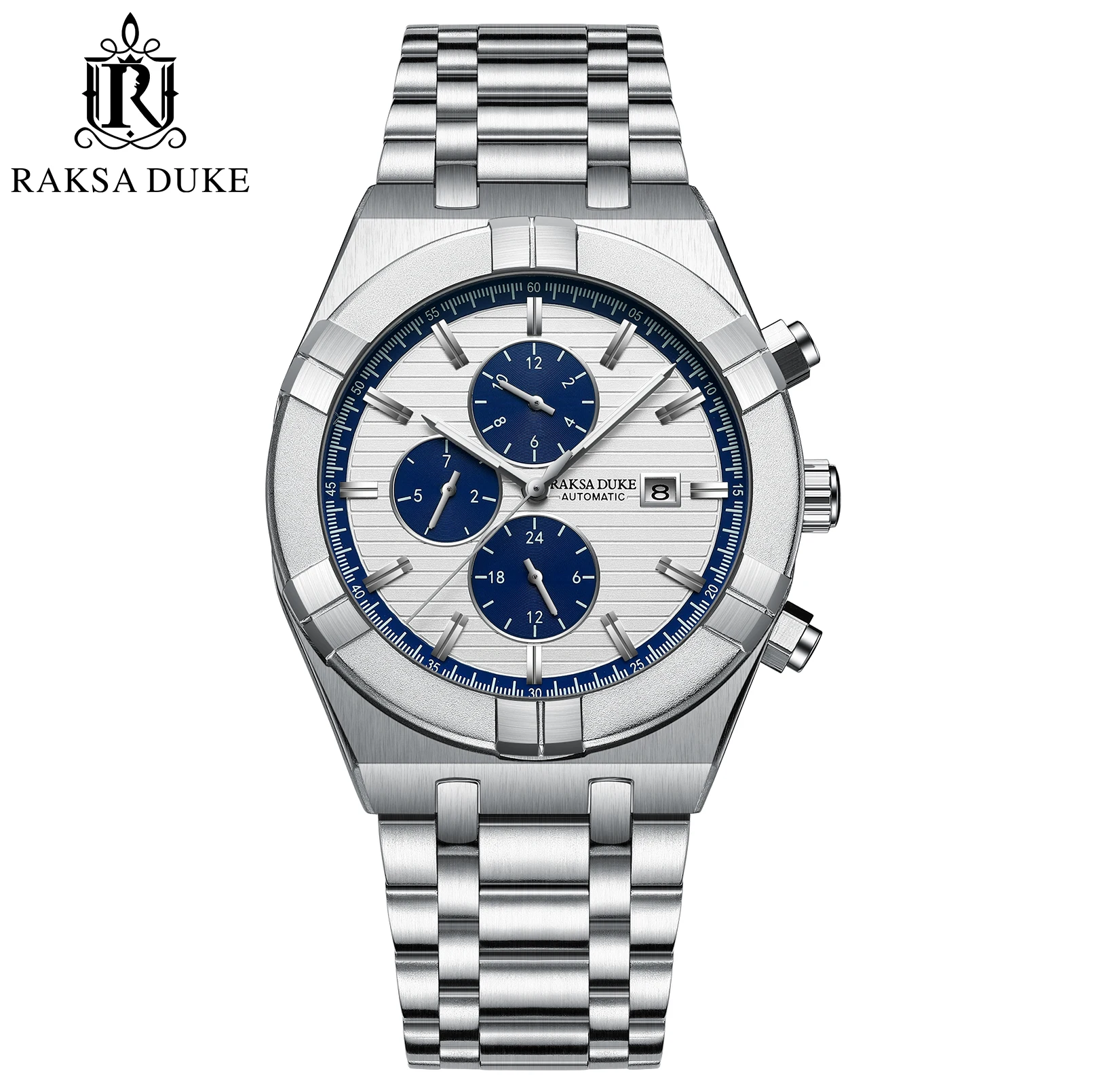 Reloj mecánico automático Raksa Duke para hombre, calendario completo de acero inoxidable, puntero luminoso resistente al agua, funda grande de moda superior, 2025