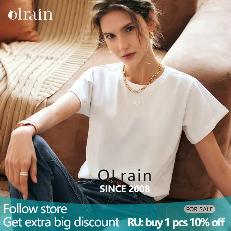 

OLrain Embroidered T-shirt Woman 2025 Spring Summer Straight Commute White Cotton Casual Short Sleeve Basic Tops O22XT53052