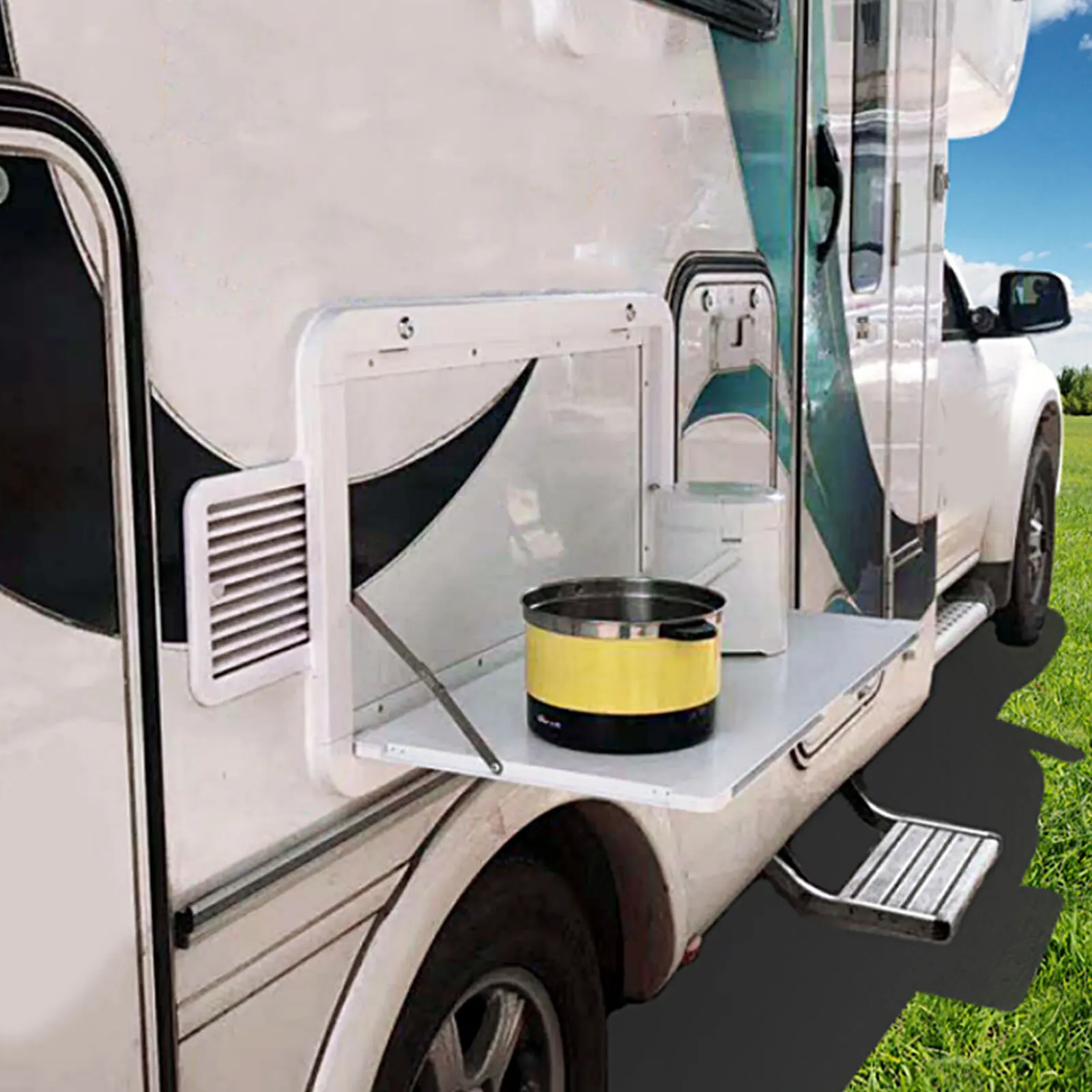 

Складной белый алюминиевый стол для автофургона с 4 клавишами, треугольный настенный компактный дизайн, вместимость 55,11 фунтов для караванов и кемперов