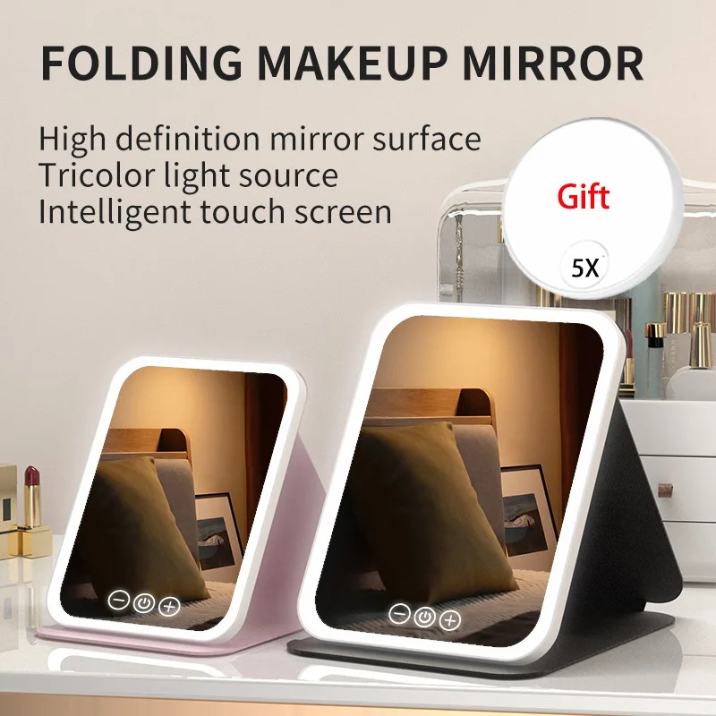 Reise-Make-up-Spiegel, Vergrößerung 5 x, Tischspiegel mit verstellbarem Ständer, wiederaufladbarer beleuchteter LED-Kosmetikspiegel mit 3 Farblichtern