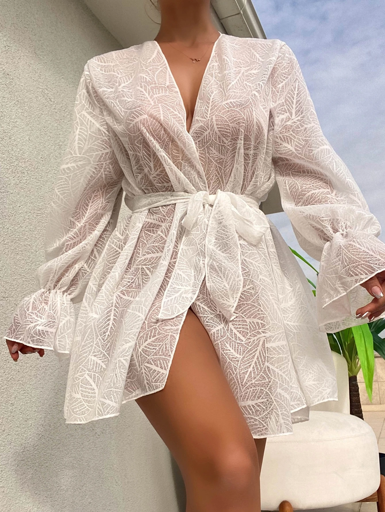 Bikini Cover Up Beach Kimono Vrouwen Zomer Lange Mouwen See Through Shirt Beach Coverup Badpak Zwemkleding Beachwear Wit