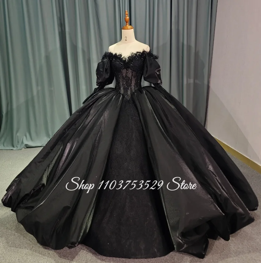 

Customized Black Off-the-Shoulder Lace Quinceañera Dress Long-Sleeve Corset Ball Gown Full Skirt Vestidos De 15 Quinceañera 2026