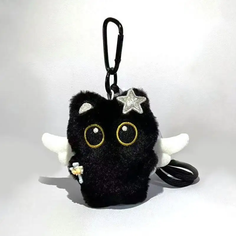Portachiavi in peluche con gatto nero, piccolo ciondolo con bambola gattino giocattolo morbido, decorazione per zaino, adorabile regalo di compleanno per ragazzo e ragazza